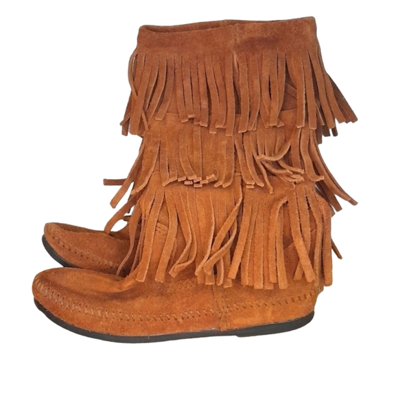 Minnetonka Womens Size 6 Brown Suede High Fringe Moccasin Boots - Picture 1 of 7